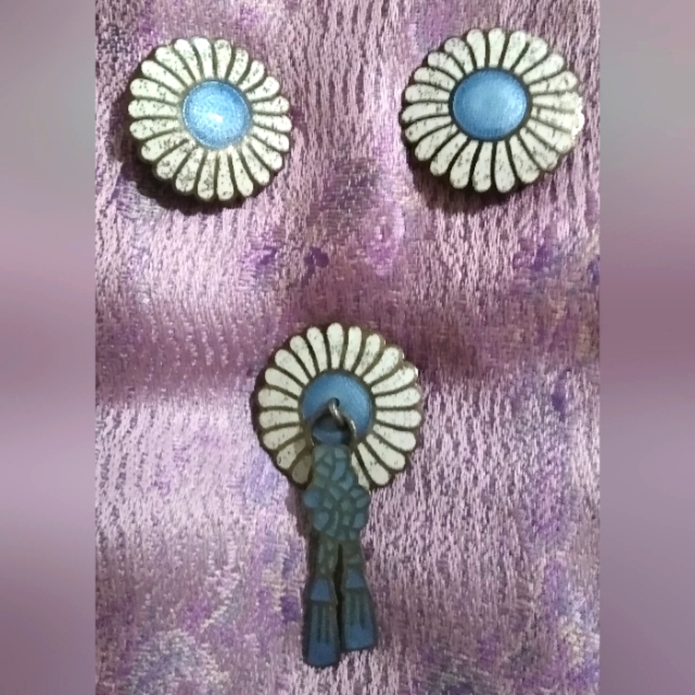 Vintage 1950s Margot de Taxco Brooch and Earrings Enamel Blue and White